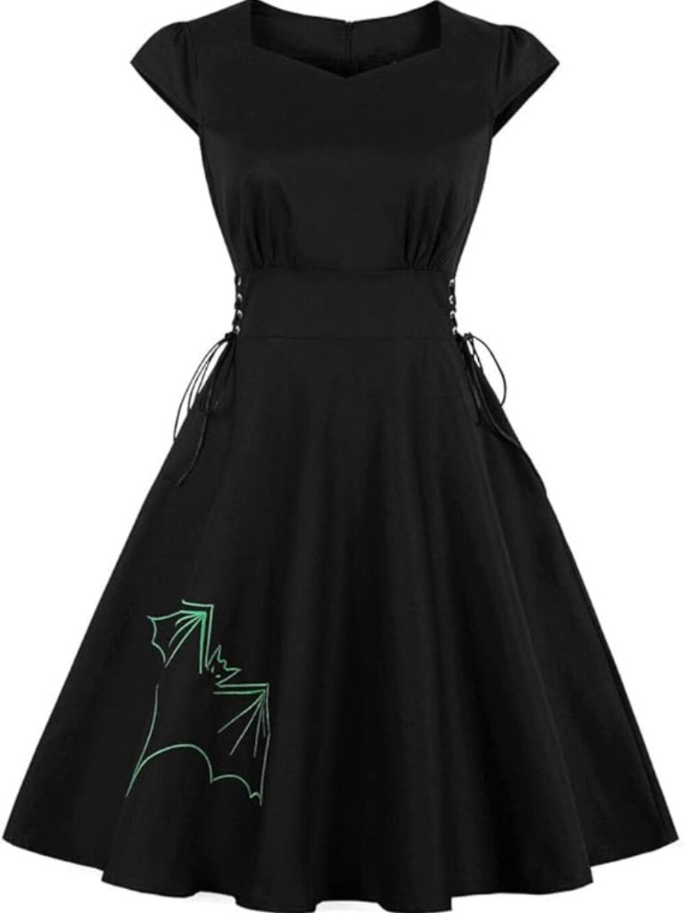 Green Bat Embroidery Lace up Gothic Halloween Vintage Dress